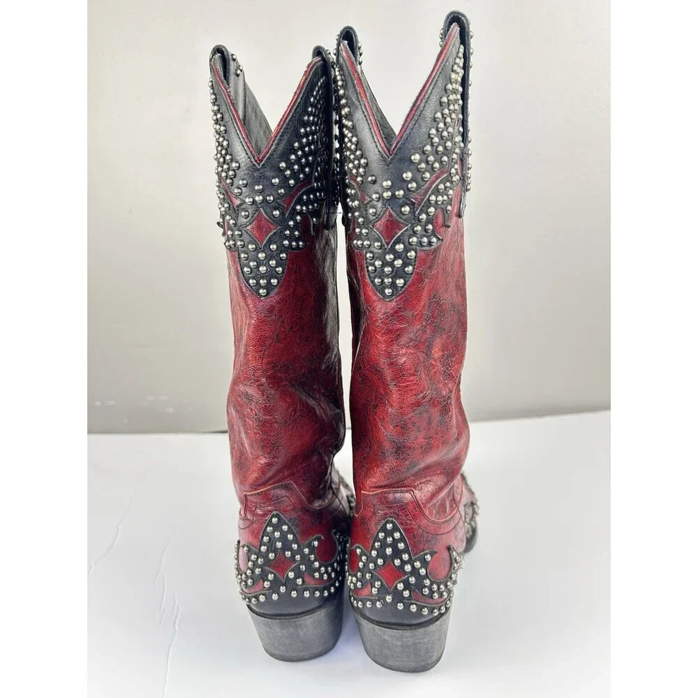 LANE Stephanie  Womens Red and BLack Studded Leather Cowboy Boots Size US 6 RARE
